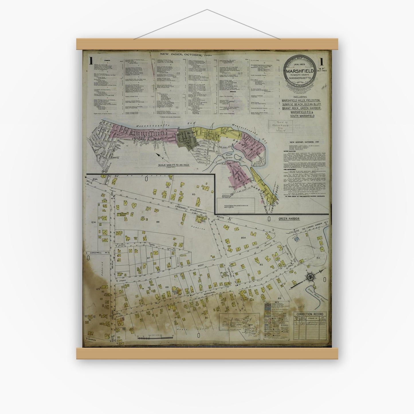 Old map wall art mockup — magnetic wood frame on white wall — Sanborn Fire Insurance Map from Marshfield, Plymouth County, Massachusetts (1954) - Complete Map Set