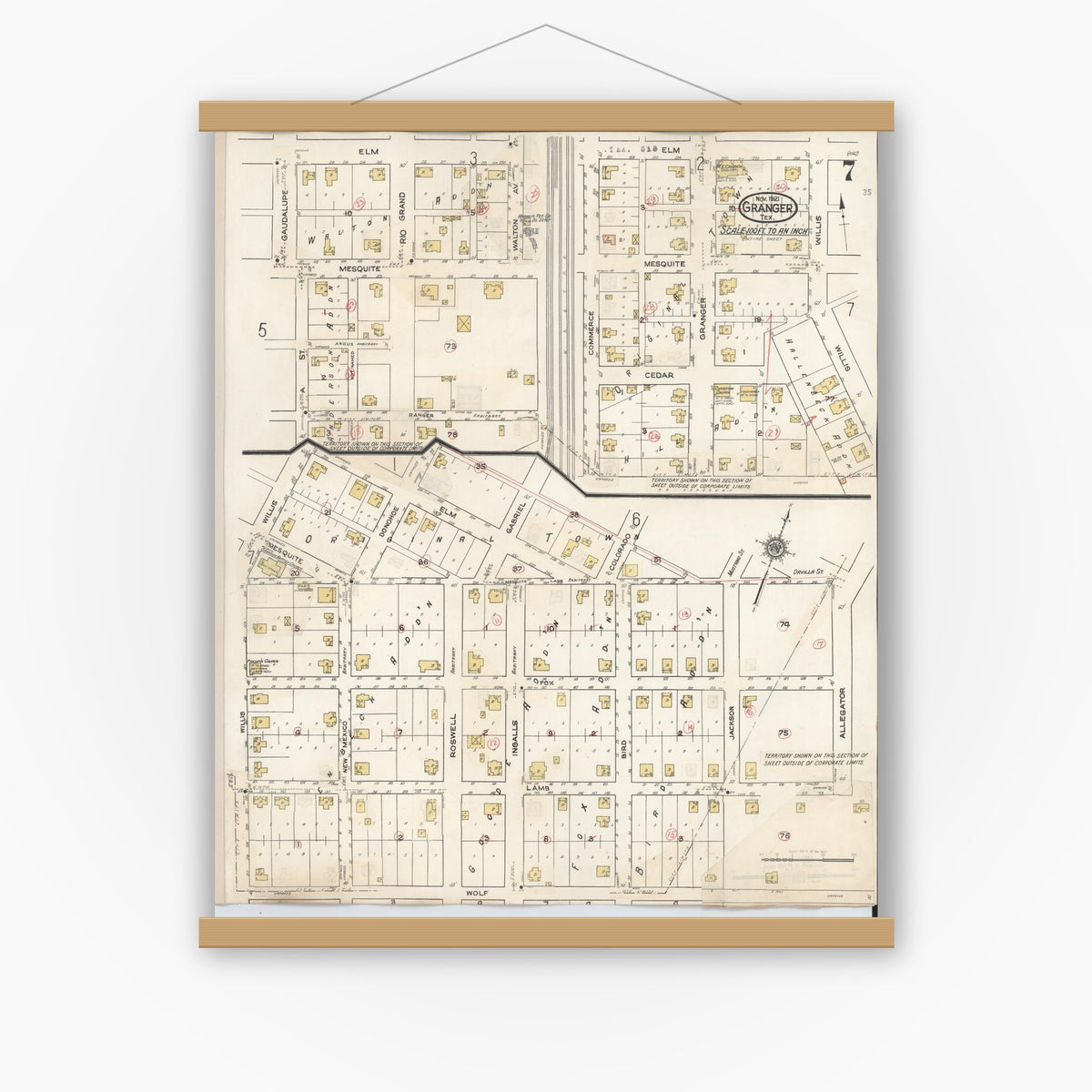 Old map wall art mockup — magnetic wood frame on white wall — Sanborn Fire Insurance Map from Granger, Williamson County, Texas (1940), Sheet #0007