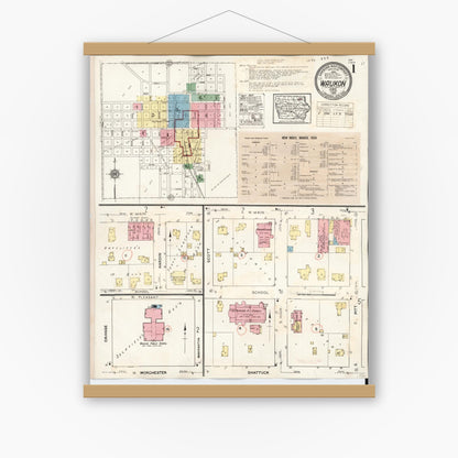 Old map wall art mockup — magnetic wood frame on white wall — Sanborn Fire Insurance Map from Waukon, Allamakee County, Iowa (1934), Sheet #0001