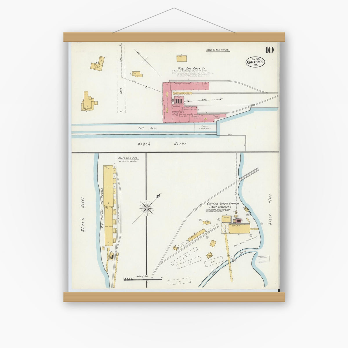 Old map wall art mockup — magnetic wood frame on white wall — Sanborn Fire Insurance Map from Carthage, Jefferson County, New York (1902), Sheet #0010
