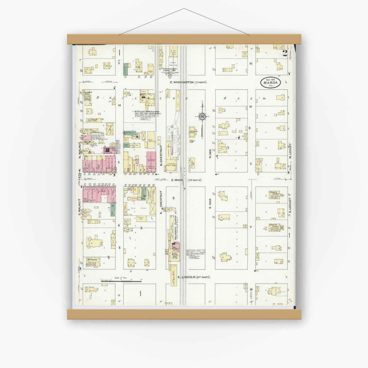 Old map wall art mockup — magnetic wood frame on white wall — Sanborn Fire Insurance Map from Maroa, Macon County, Illinois (1910), Sheet #0002