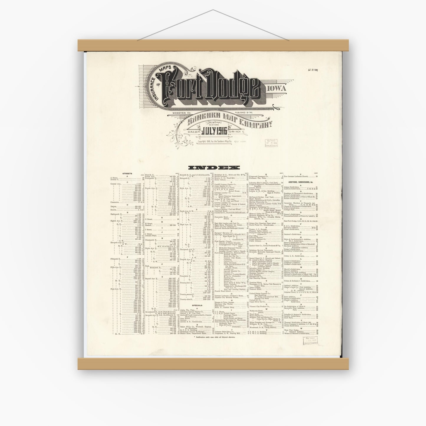 Old map wall art mockup — magnetic wood frame on white wall — Sanborn Fire Insurance Map from Fort Dodge, Webster County, Iowa (1916), Sheet #0001