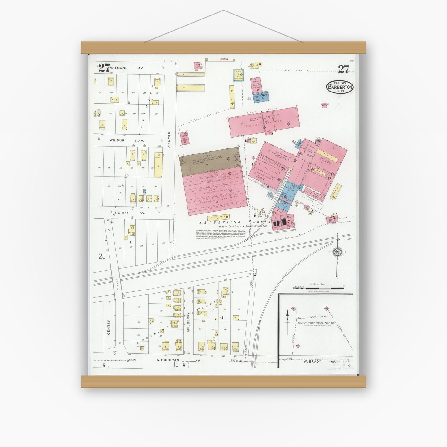 Old map wall art mockup — magnetic wood frame on white wall — Sanborn Fire Insurance Map from Barberton, Summit County, Ohio (1927), Sheet #0027