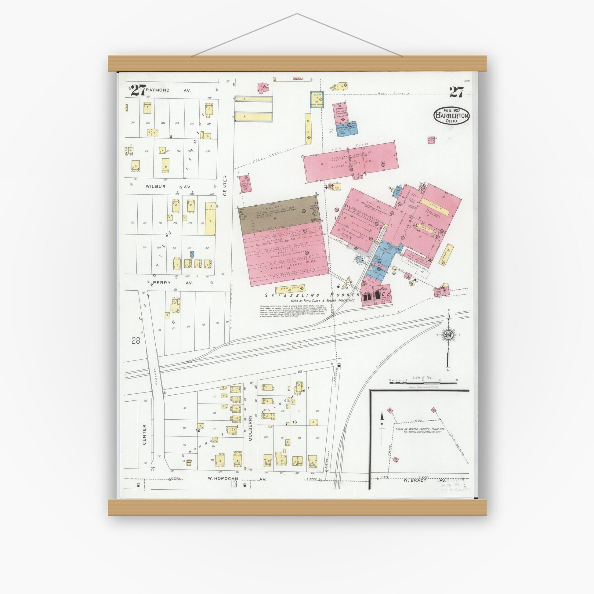Old map wall art mockup — magnetic wood frame on white wall — Sanborn Fire Insurance Map from Barberton, Summit County, Ohio (1927), Sheet #0027