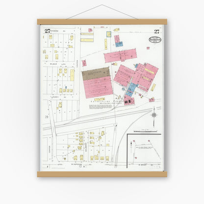 Old map wall art mockup — magnetic wood frame on white wall — Sanborn Fire Insurance Map from Barberton, Summit County, Ohio (1927), Sheet #0027