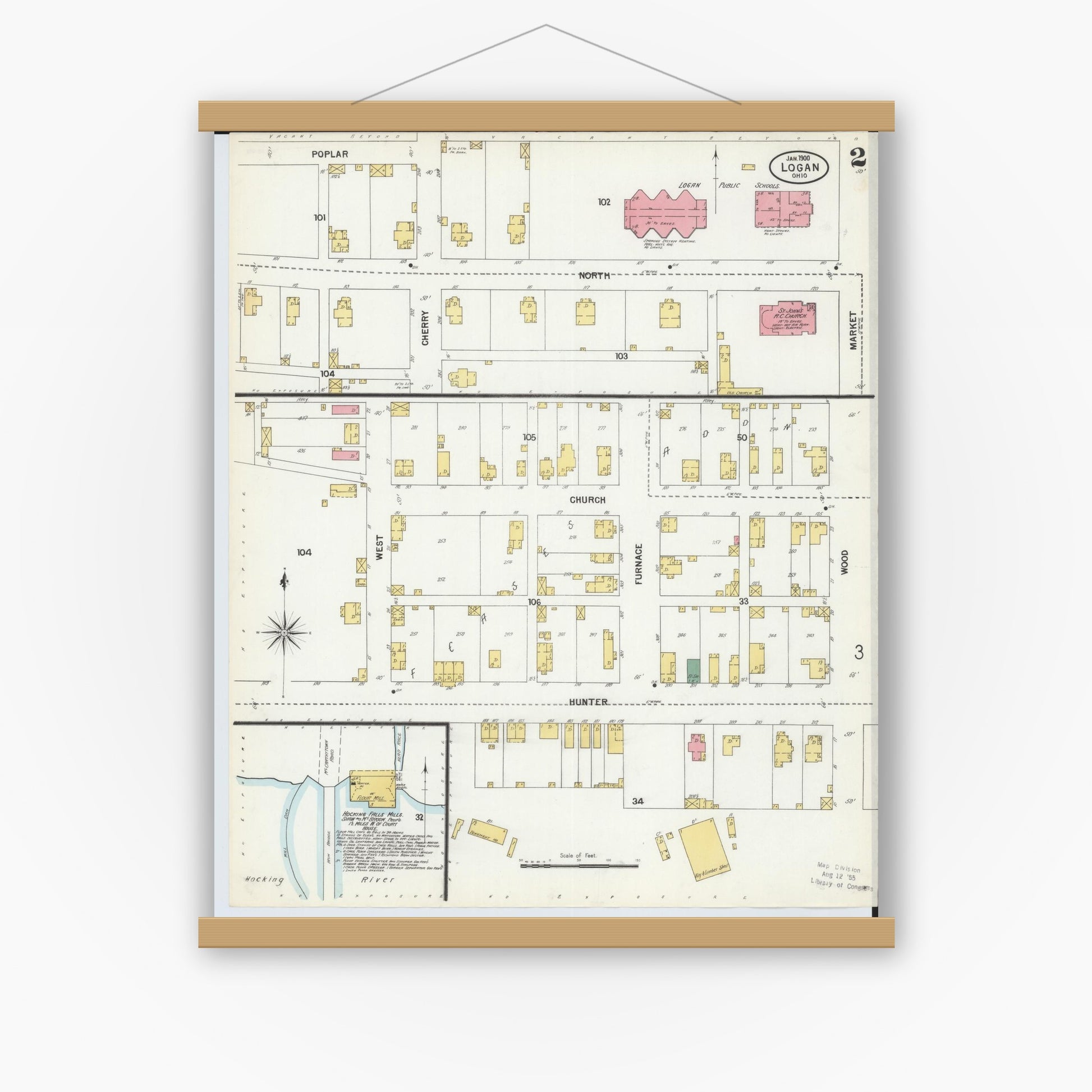 Old map wall art mockup — magnetic wood frame on white wall — Sanborn Fire Insurance Map from Logan, Hocking County, Ohio (1900), Sheet #0002
