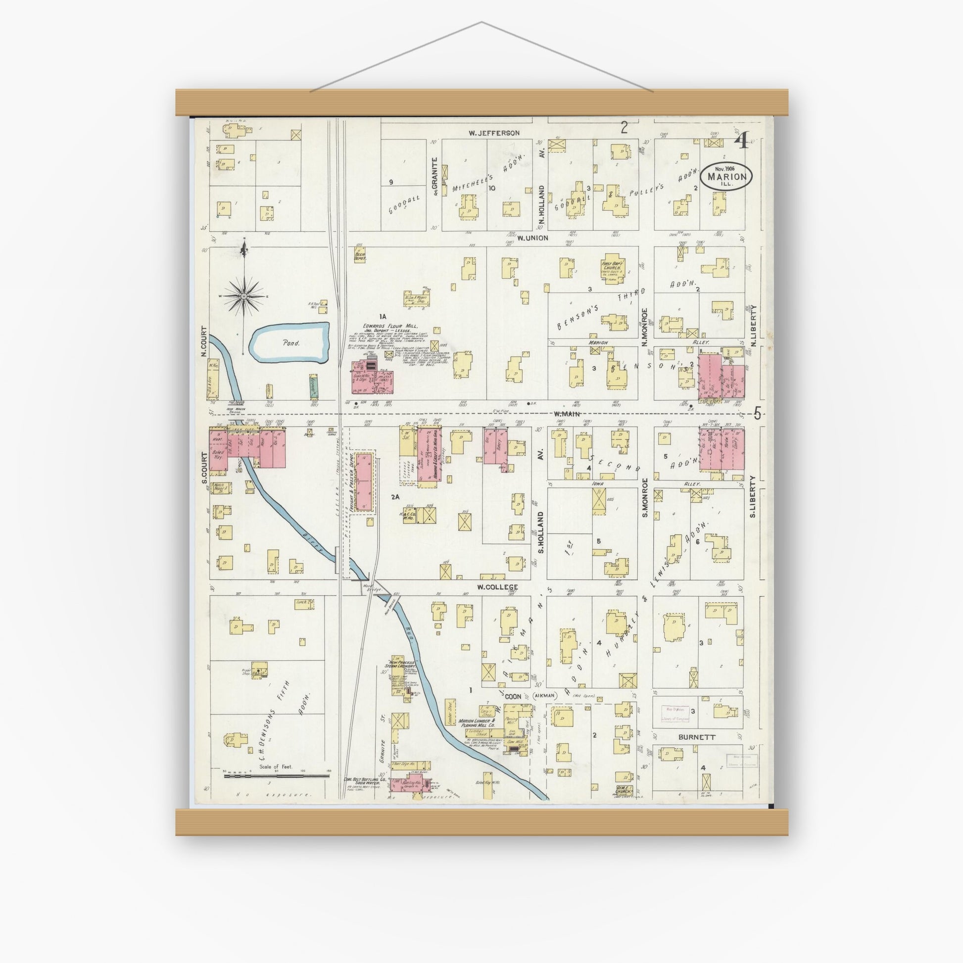 Old map wall art mockup — magnetic wood frame on white wall — Sanborn Fire Insurance Map from Marion, Williamson County, Illinois (1906), Sheet #0004