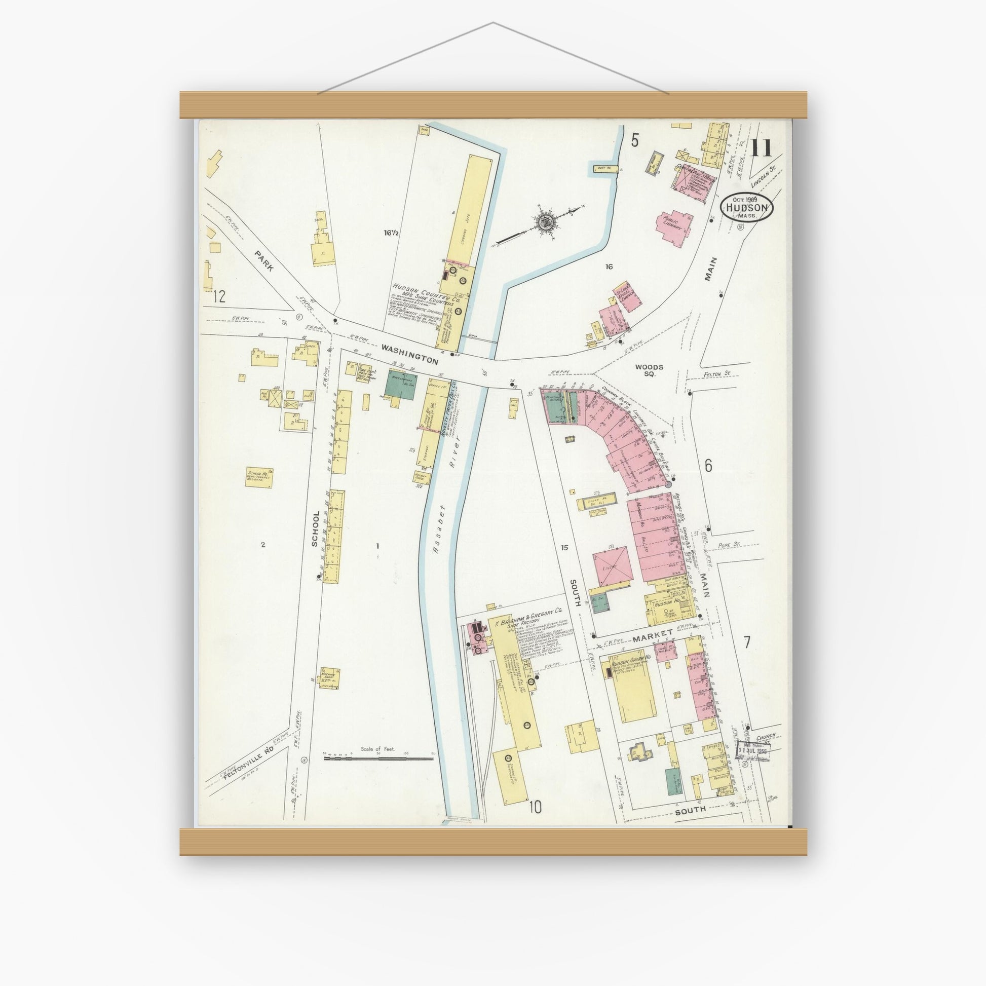 Old map wall art mockup — magnetic wood frame on white wall — Sanborn Fire Insurance Map from Hudson, Middlesex County, Massachusetts (1909), Sheet #0011