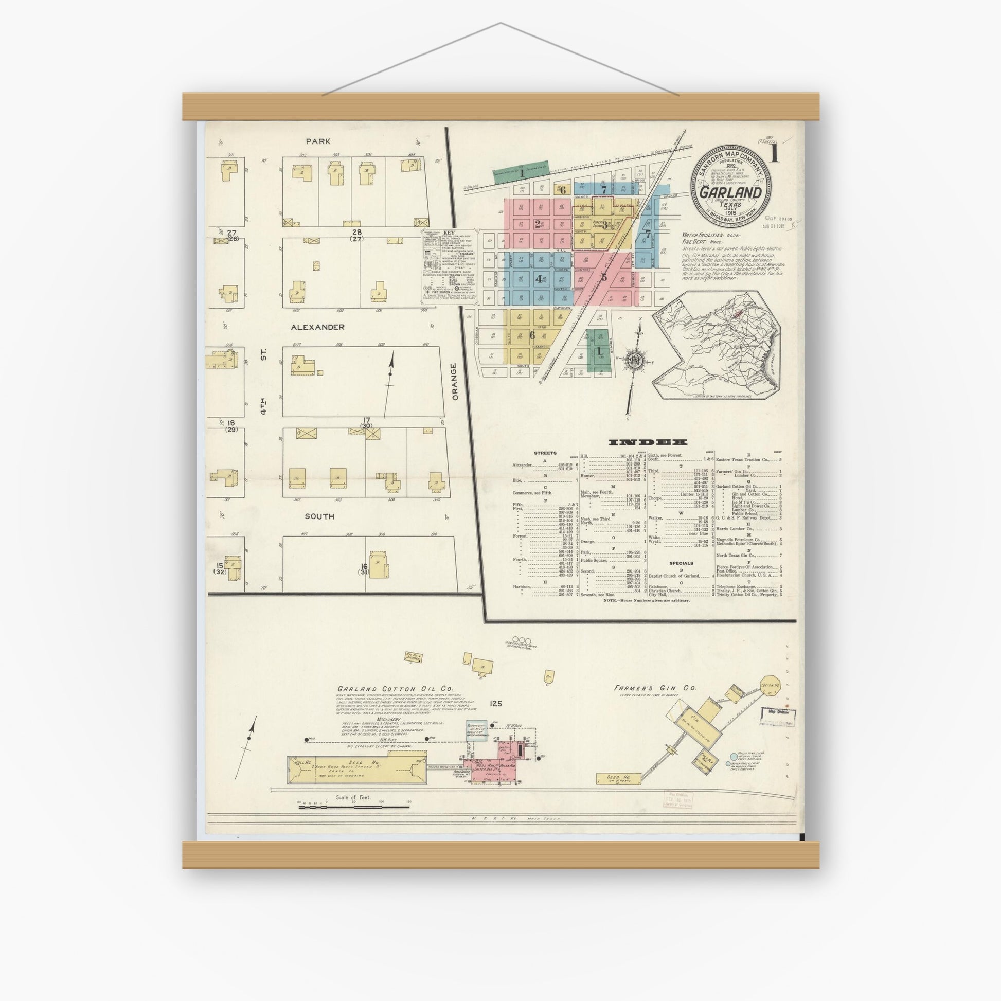 Old map wall art mockup — magnetic wood frame on white wall — Sanborn Fire Insurance Map from Garland, Dallas County, Texas (1915), Sheet #0001