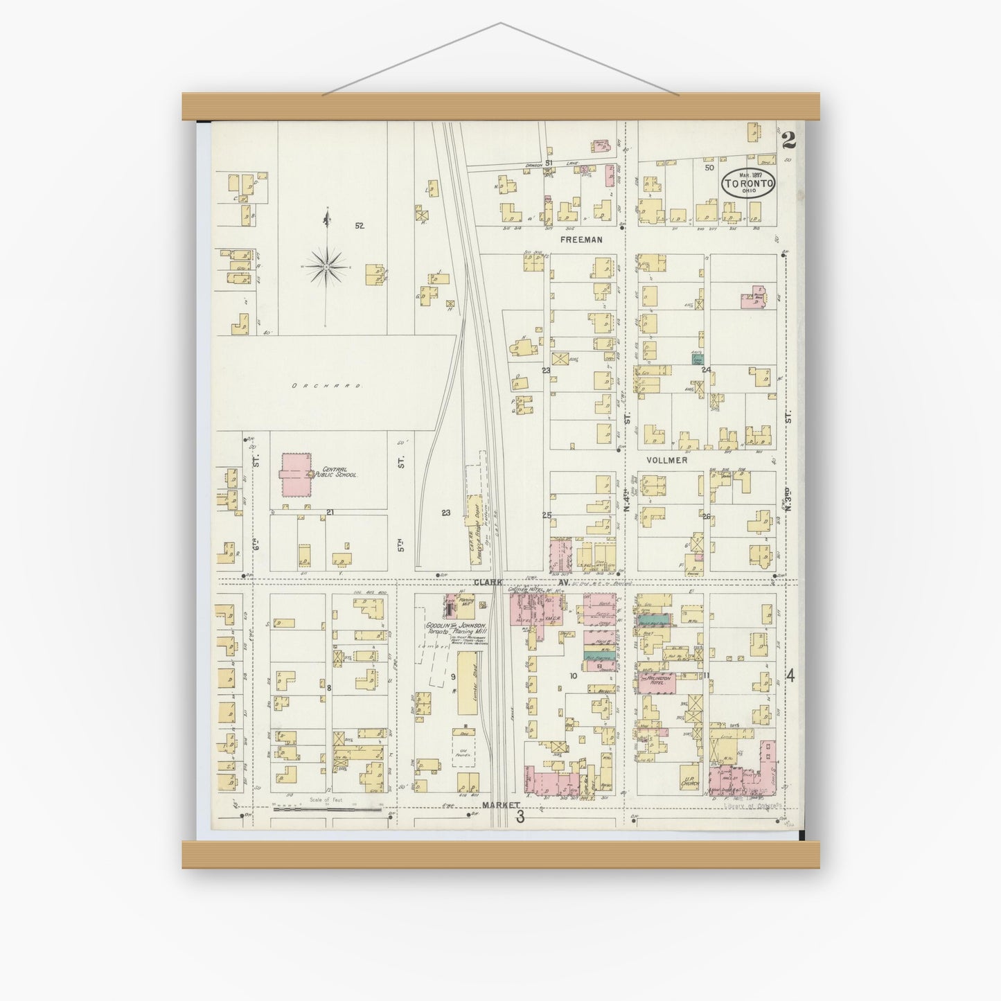 Old map wall art mockup — magnetic wood frame on white wall — Sanborn Fire Insurance Map from Toronto, Jefferson County, Ohio (1897), Sheet #0002