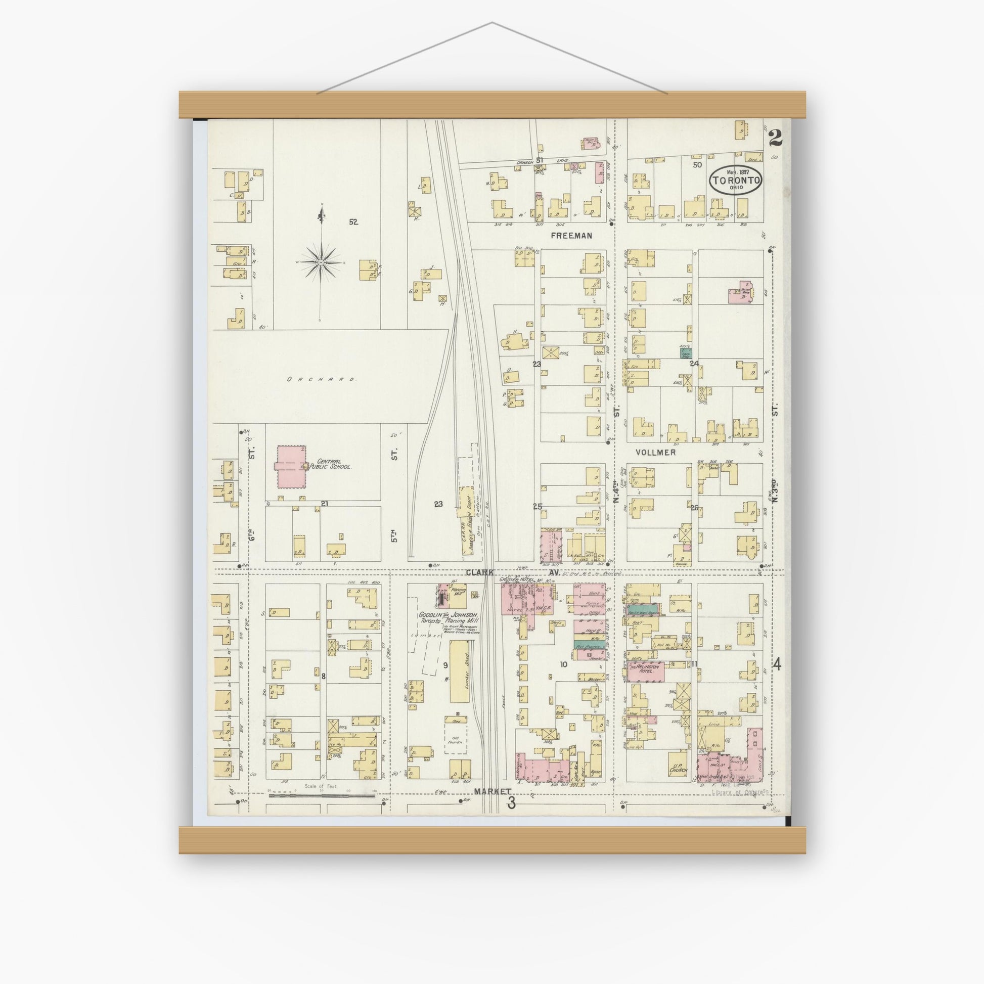 Old map wall art mockup — magnetic wood frame on white wall — Sanborn Fire Insurance Map from Toronto, Jefferson County, Ohio (1897), Sheet #0002