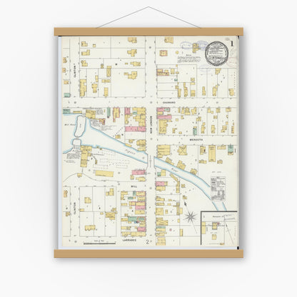 Old map wall art mockup — magnetic wood frame on white wall — Sanborn Fire Insurance Map from Clintonville, Waupaca County, Wisconsin (1898), Sheet #0001