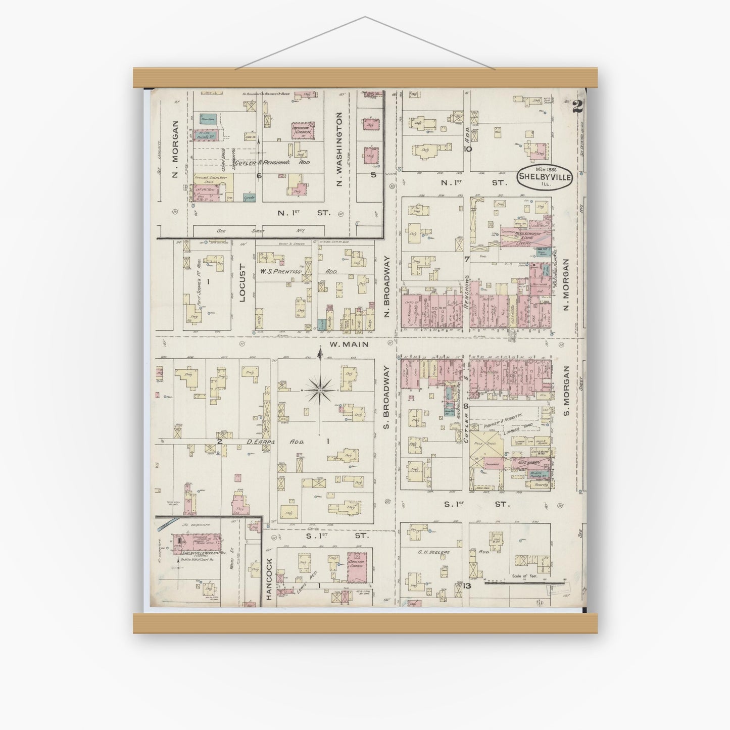 Old map wall art mockup — magnetic wood frame on white wall — Sanborn Fire Insurance Map from Shelbyville, Shelby County, Illinois (1886), Sheet #0002