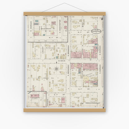 Old map wall art mockup — magnetic wood frame on white wall — Sanborn Fire Insurance Map from Shelbyville, Shelby County, Illinois (1886), Sheet #0002