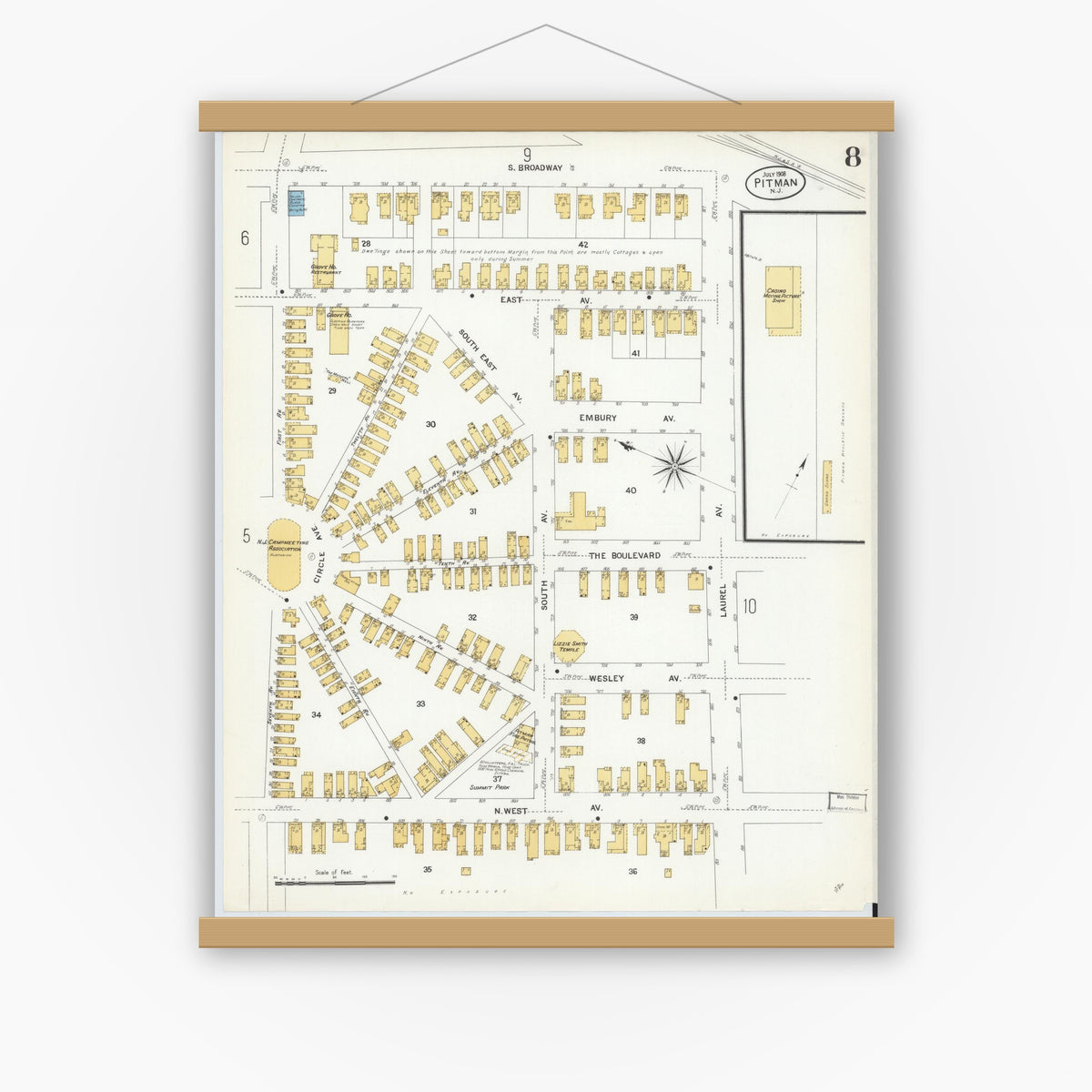 Old map wall art mockup — magnetic wood frame on white wall — Sanborn Fire Insurance Map from Pitman, Gloucester County, New Jersey (1908), Sheet #0008