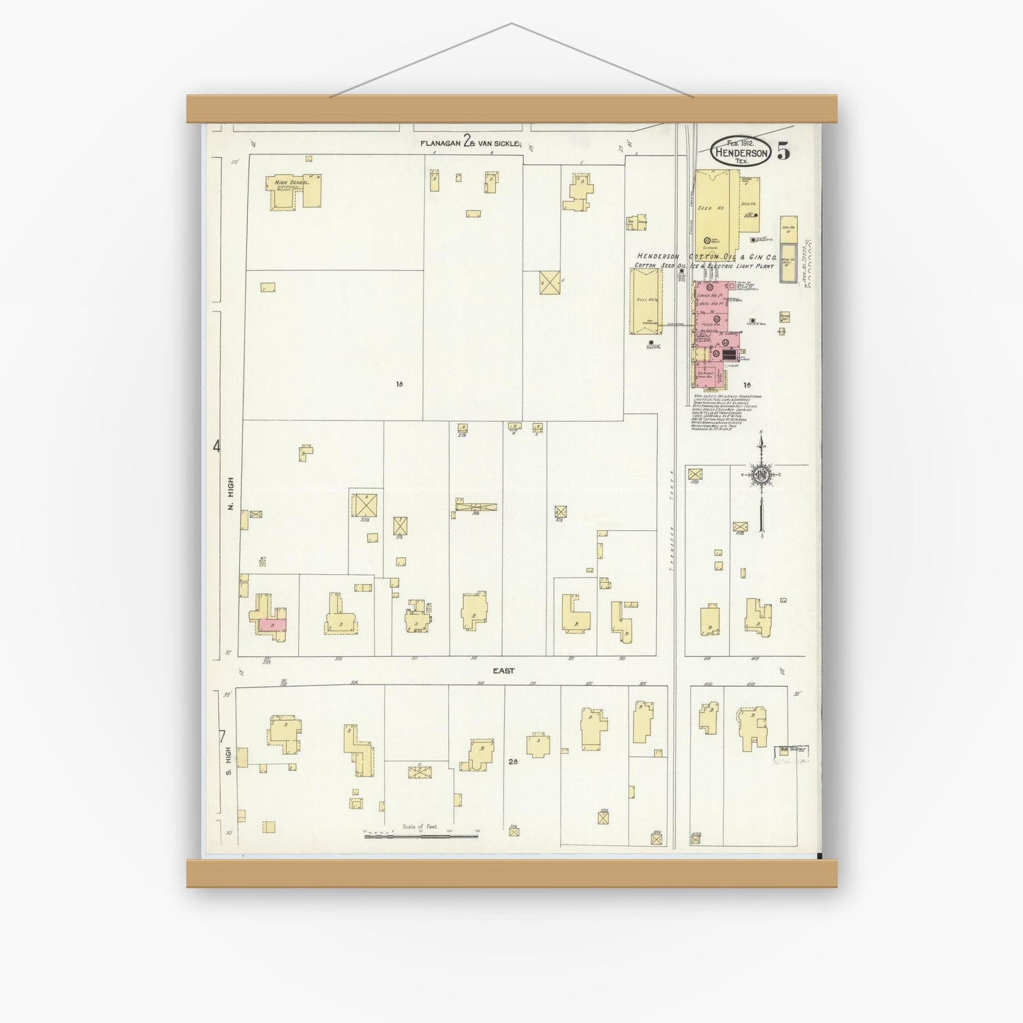 Old map wall art mockup — magnetic wood frame on white wall — Sanborn Fire Insurance Map from Henderson, Rusk County, Texas (1912), Sheet #0005