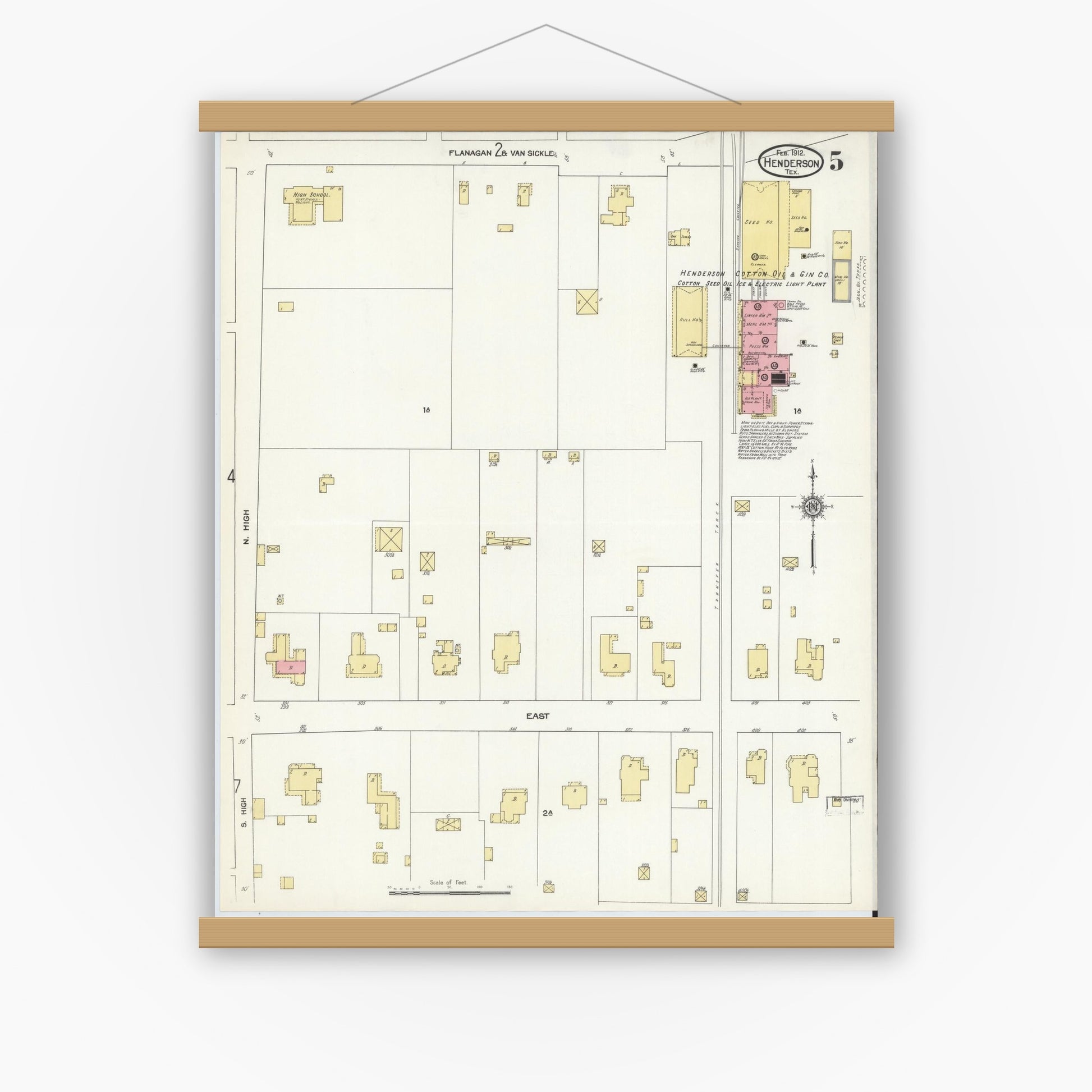Old map wall art mockup — magnetic wood frame on white wall — Sanborn Fire Insurance Map from Henderson, Rusk County, Texas (1912), Sheet #0005