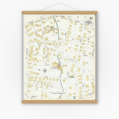 Old map wall art mockup — magnetic wood frame on white wall — Sanborn Fire Insurance Map from Peabody, Essex County, Massachusetts (1907), Sheet #0021