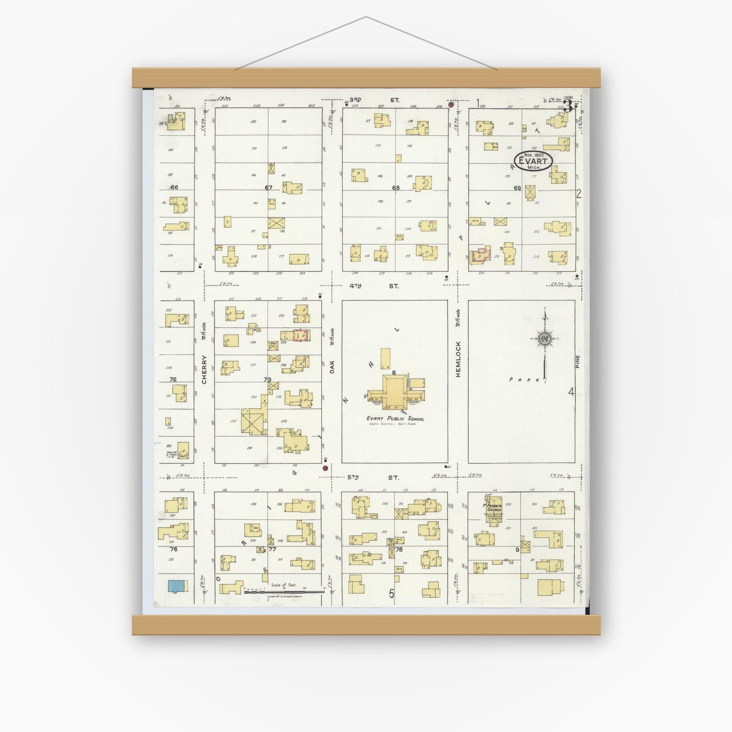 Old map wall art mockup — magnetic wood frame on white wall — Sanborn Fire Insurance Map from Evart, Osceola County, Michigan (1920), Sheet #0003