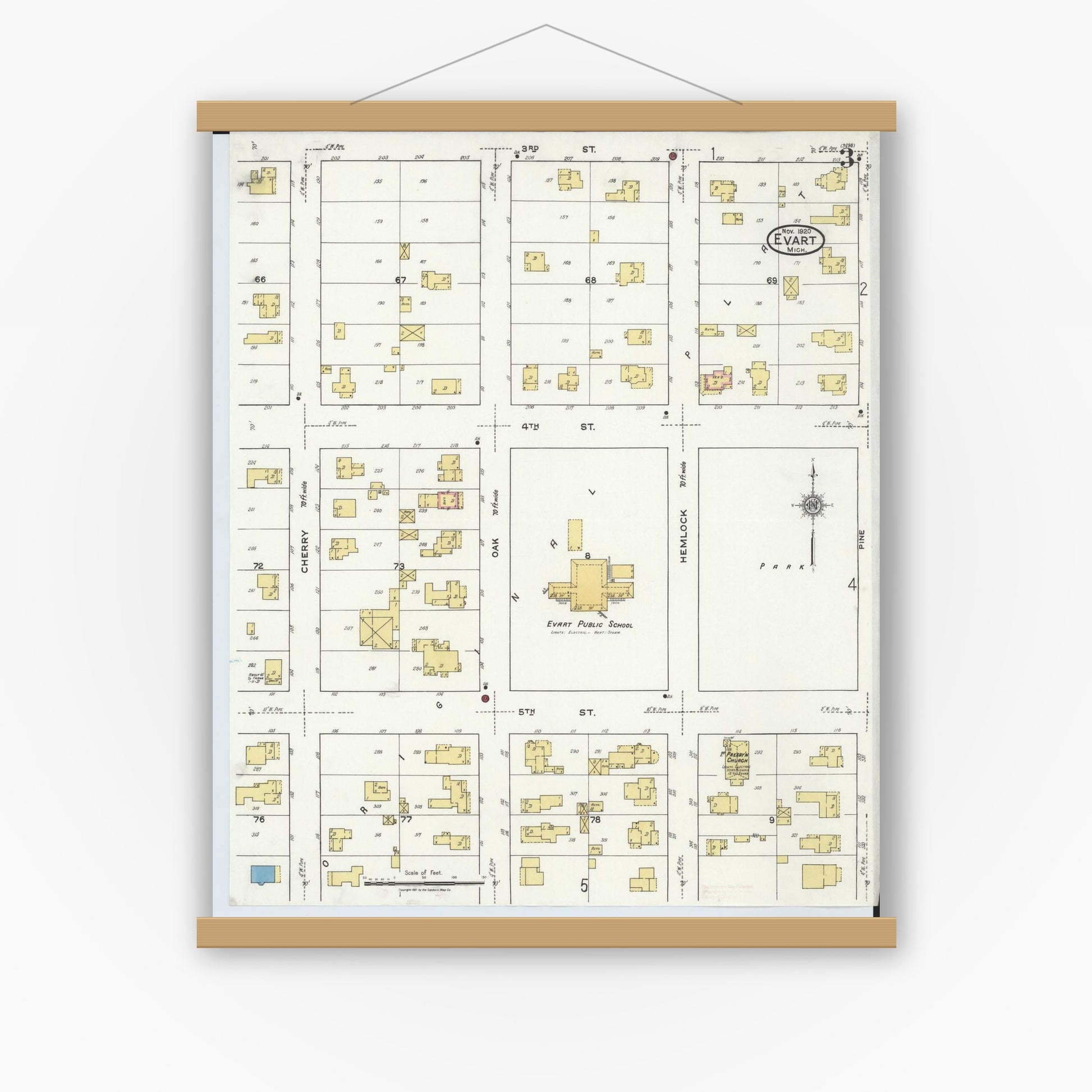 Old map wall art mockup — magnetic wood frame on white wall — Sanborn Fire Insurance Map from Evart, Osceola County, Michigan (1920), Sheet #0003