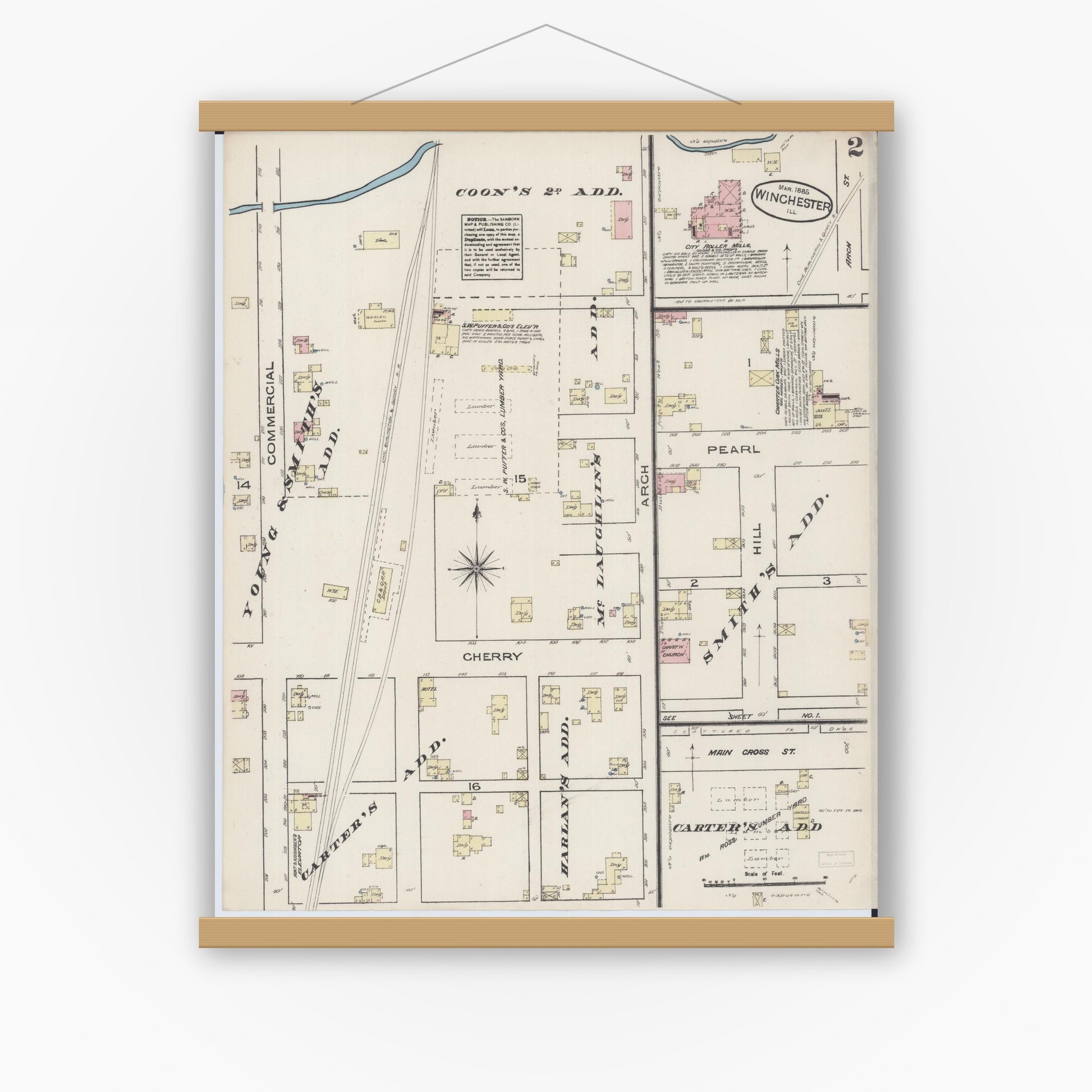 Old map wall art mockup — magnetic wood frame on white wall — Sanborn Fire Insurance Map from Winchester, Scott County, Illinois (1885), Sheet #0002