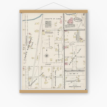 Old map wall art mockup — magnetic wood frame on white wall — Sanborn Fire Insurance Map from Winchester, Scott County, Illinois (1885), Sheet #0002
