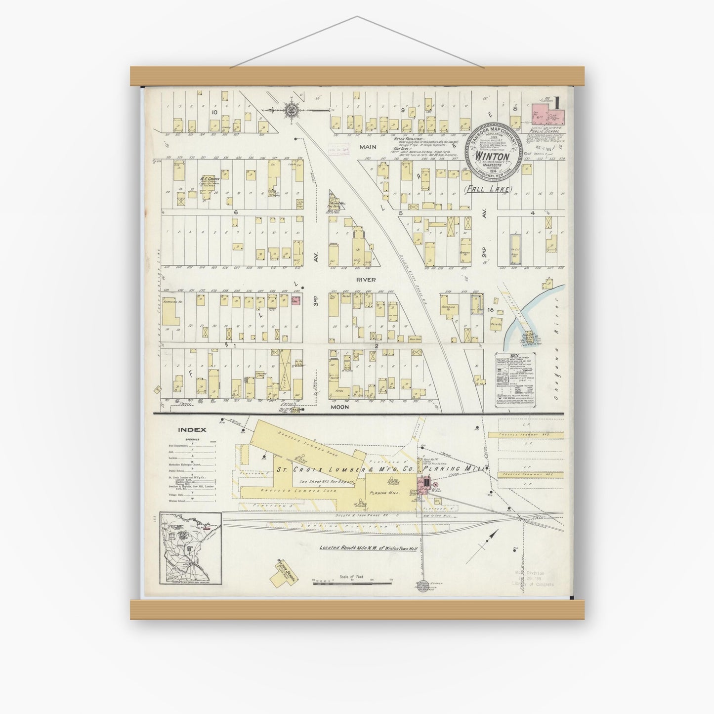 Old map wall art mockup — magnetic wood frame on white wall — Sanborn Fire Insurance Map from Winton, Saint Louis County, Minnesota (1914), Sheet #0001