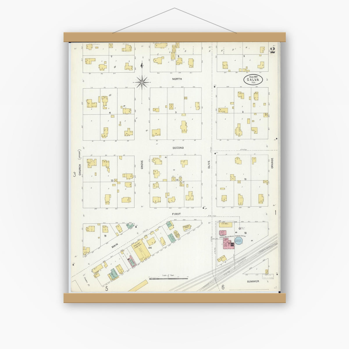 Old map wall art mockup — magnetic wood frame on white wall — Sanborn Fire Insurance Map from Galva, Henry County, Illinois (1907), Sheet #0002