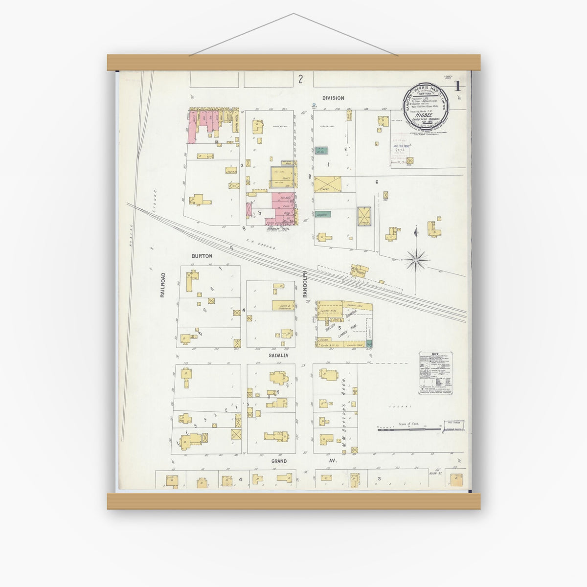 Old map wall art mockup — magnetic wood frame on white wall — Sanborn Fire Insurance Map from Higbee, Randolph County, Missouri (1900), Sheet #0001