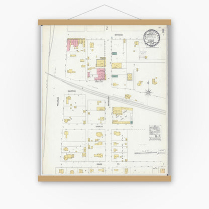 Old map wall art mockup — magnetic wood frame on white wall — Sanborn Fire Insurance Map from Higbee, Randolph County, Missouri (1900), Sheet #0001