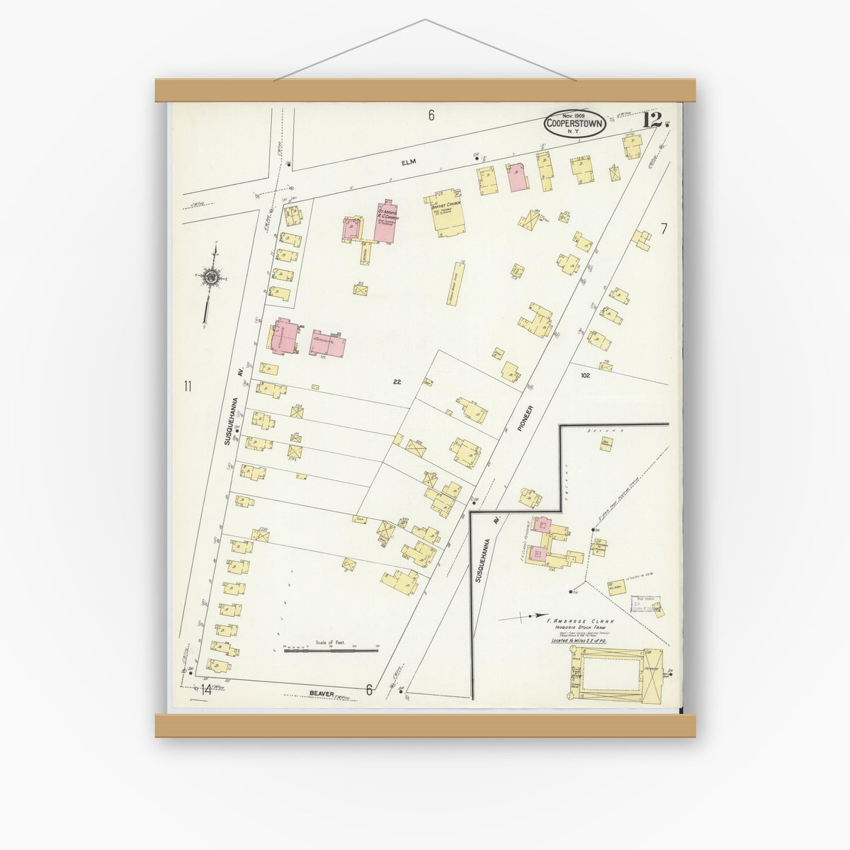 Old map wall art mockup — magnetic wood frame on white wall — Sanborn Fire Insurance Map from Cooperstown, Otsego County, New York (1909), Sheet #0012