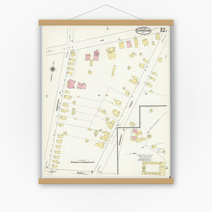 Old map wall art mockup — magnetic wood frame on white wall — Sanborn Fire Insurance Map from Cooperstown, Otsego County, New York (1909), Sheet #0012