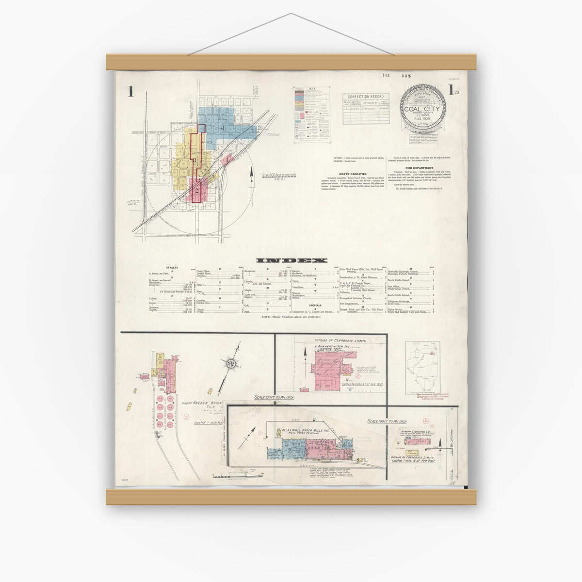 Old map wall art mockup — magnetic wood frame on white wall — Sanborn Fire Insurance Map from Coal City, Grundy County, Illinois (1943), Sheet #0001