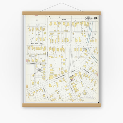 Old map wall art mockup — magnetic wood frame on white wall — Sanborn Fire Insurance Map from Xenia, Greene County, Ohio (1901), Sheet #0013