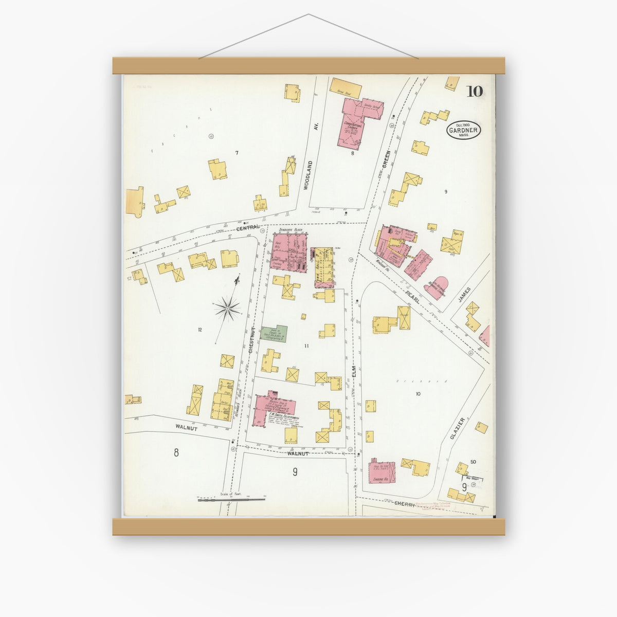 Old map wall art mockup — magnetic wood frame on white wall — Sanborn Fire Insurance Map from Gardner, Worcester County, Massachusetts (1900), Sheet #0010
