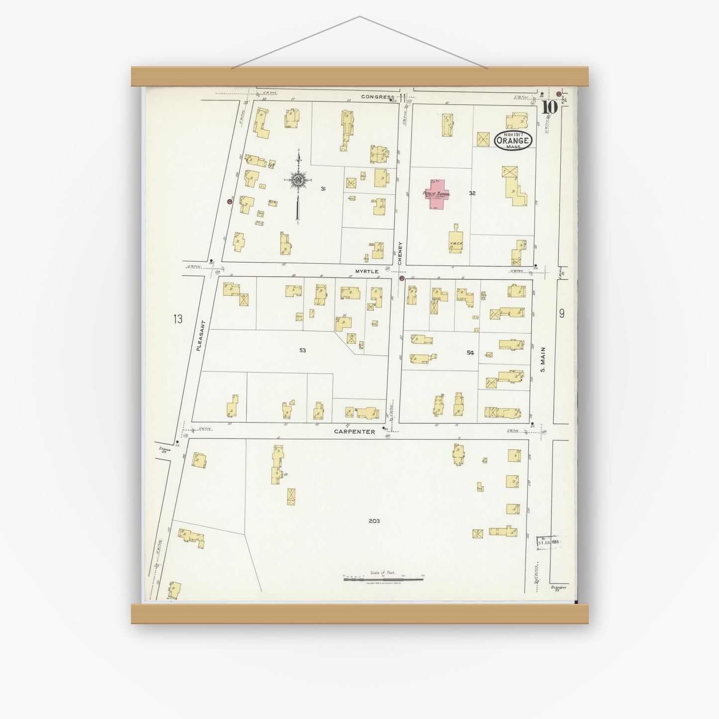 Old map wall art mockup — magnetic wood frame on white wall — Sanborn Fire Insurance Map from Orange, Franklin County, Massachusetts (1917), Sheet #0010