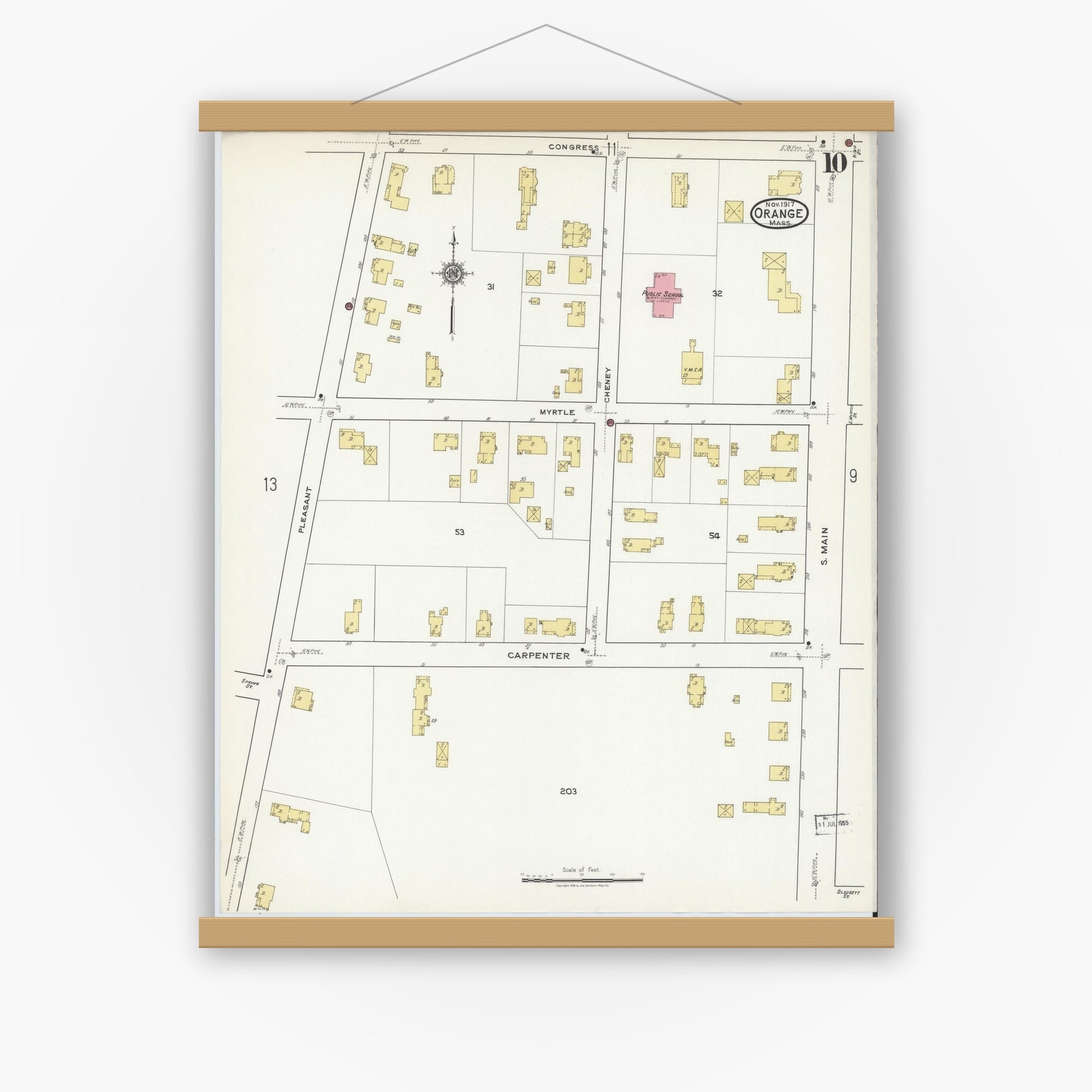 Old map wall art mockup — magnetic wood frame on white wall — Sanborn Fire Insurance Map from Orange, Franklin County, Massachusetts (1917), Sheet #0010
