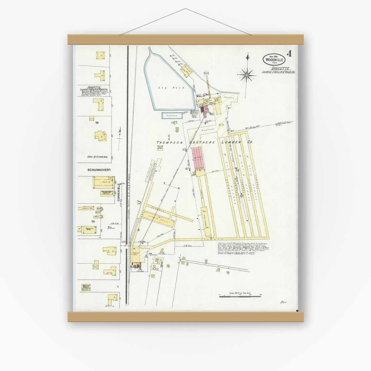 Old map wall art mockup — magnetic wood frame on white wall — Sanborn Fire Insurance Map from Wolfe City, Hunt County, Texas (1909), Sheet #0004