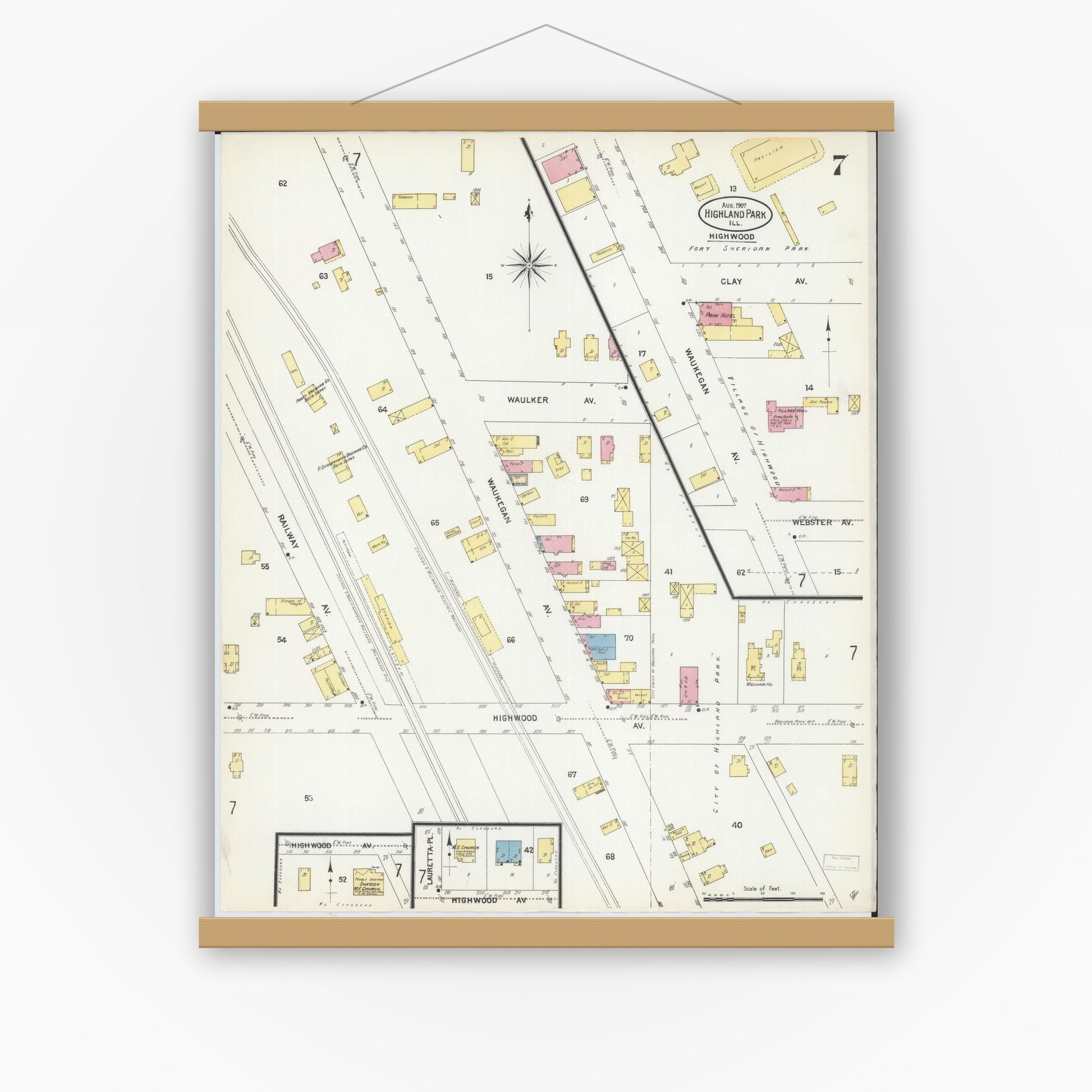 Old map wall art mockup — magnetic wood frame on white wall — Sanborn Fire Insurance Map from Highland Park, Lake County, Illinois (1907), Sheet #0007
