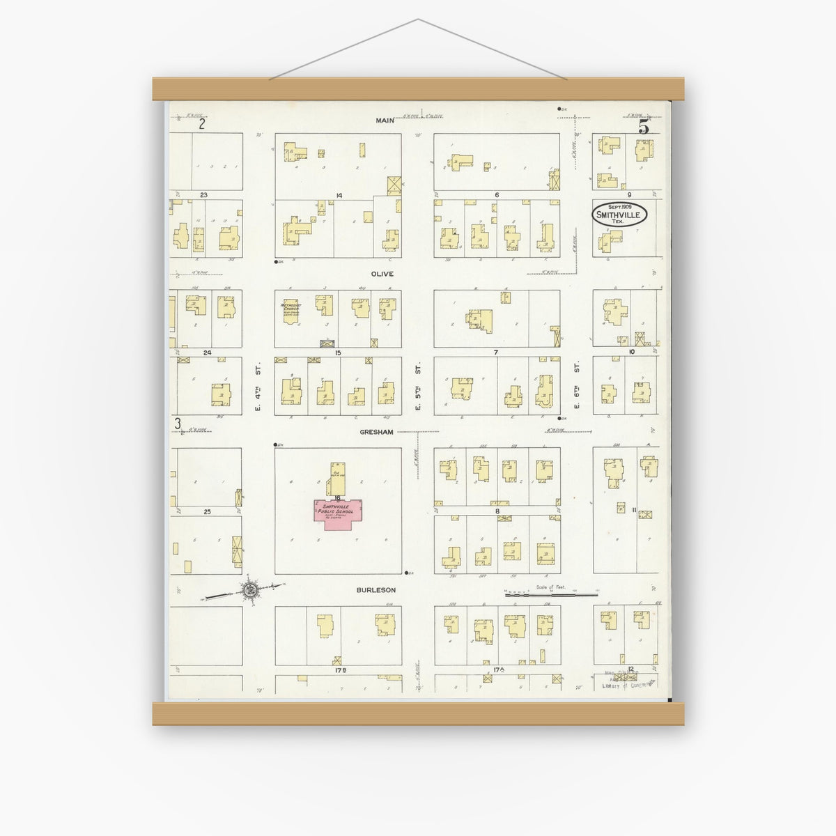 Old map wall art mockup — magnetic wood frame on white wall — Sanborn Fire Insurance Map from Smithville, Bastrop County, Texas (1909), Sheet #0005