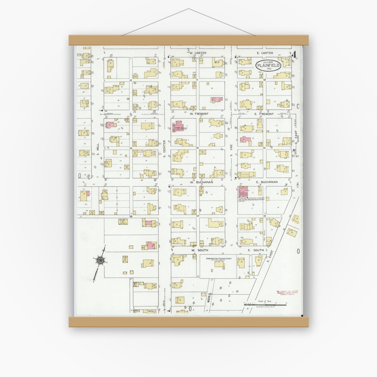 Old map wall art mockup — magnetic wood frame on white wall — Sanborn Fire Insurance Map from Plainfield, Hendricks County, Indiana (1920), Sheet #0004