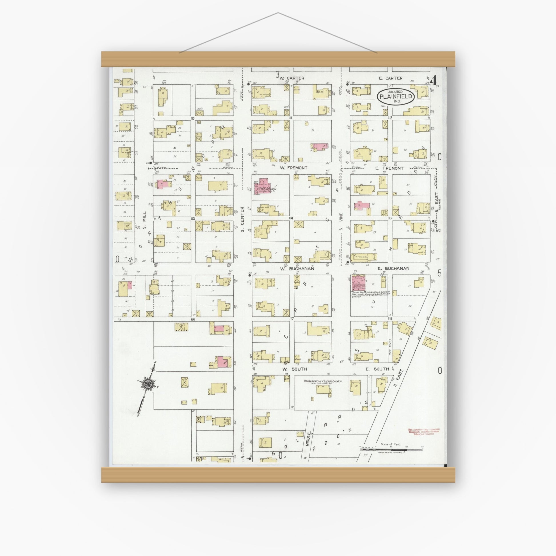 Old map wall art mockup — magnetic wood frame on white wall — Sanborn Fire Insurance Map from Plainfield, Hendricks County, Indiana (1920), Sheet #0004