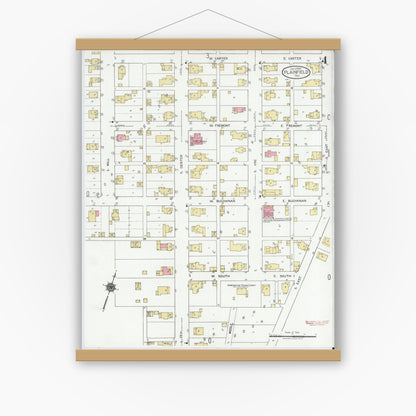 Old map wall art mockup — magnetic wood frame on white wall — Sanborn Fire Insurance Map from Plainfield, Hendricks County, Indiana (1920), Sheet #0004