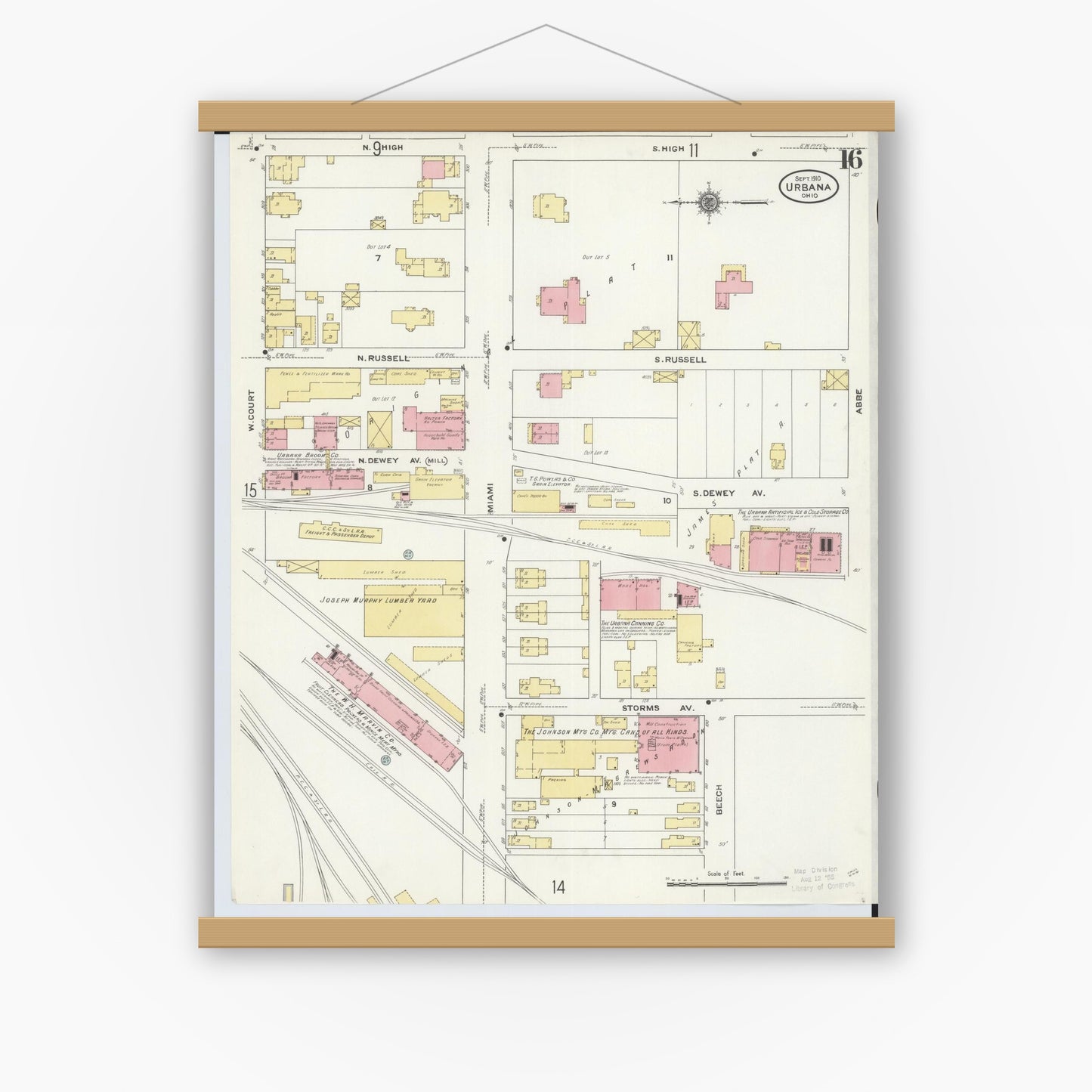 Old map wall art mockup — magnetic wood frame on white wall — Sanborn Fire Insurance Map from Urbana, Champaign County, Ohio (1910), Sheet #0016