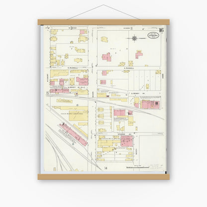 Old map wall art mockup — magnetic wood frame on white wall — Sanborn Fire Insurance Map from Urbana, Champaign County, Ohio (1910), Sheet #0016