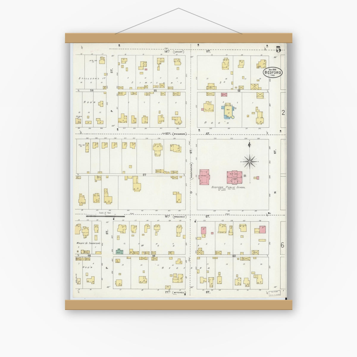Old map wall art mockup — magnetic wood frame on white wall — Sanborn Fire Insurance Map from Bedford, Lawrence County, Indiana (1898), Sheet #0005