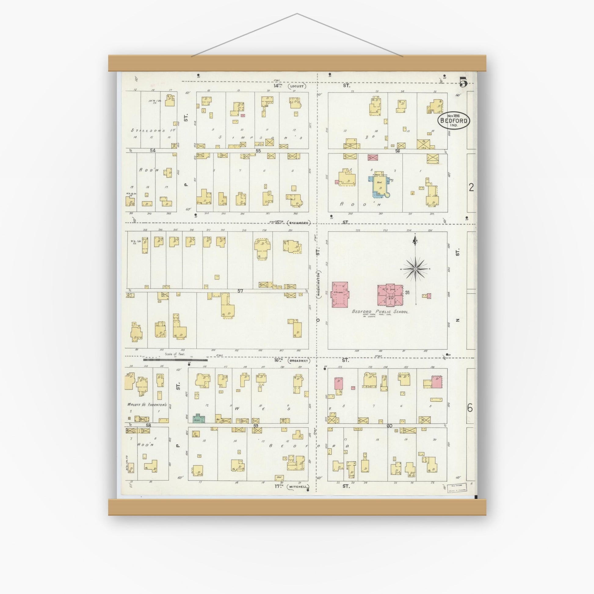 Old map wall art mockup — magnetic wood frame on white wall — Sanborn Fire Insurance Map from Bedford, Lawrence County, Indiana (1898), Sheet #0005