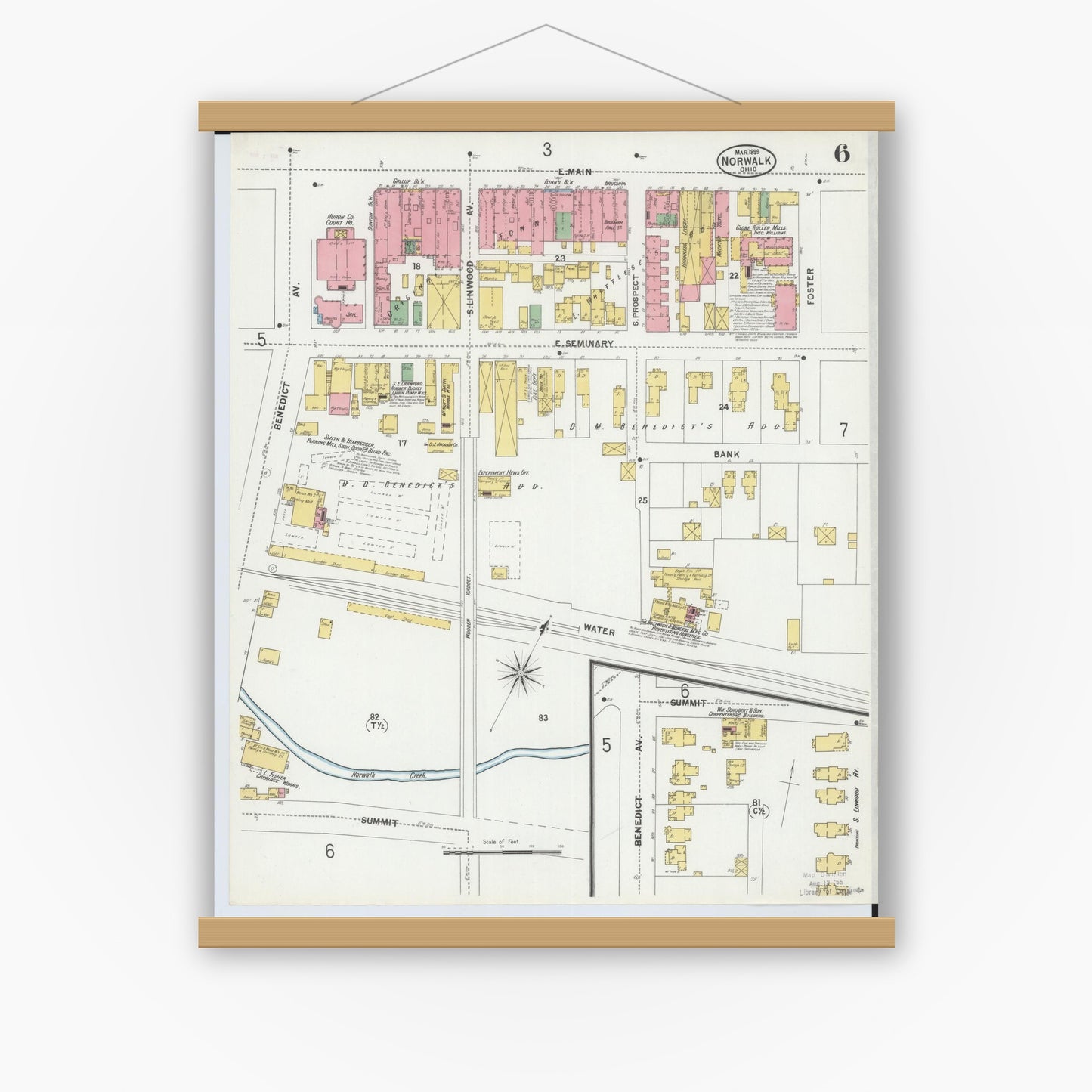 Old map wall art mockup — magnetic wood frame on white wall — Sanborn Fire Insurance Map from Norwalk, Huron County, Ohio (1899), Sheet #0006