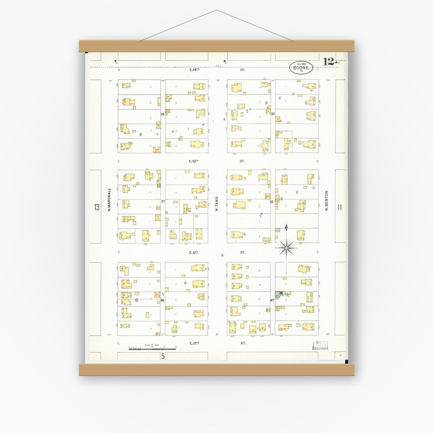 Old map wall art mockup — magnetic wood frame on white wall — Sanborn Fire Insurance Map from Boone, Boone County, Iowa (1900), Sheet #0012