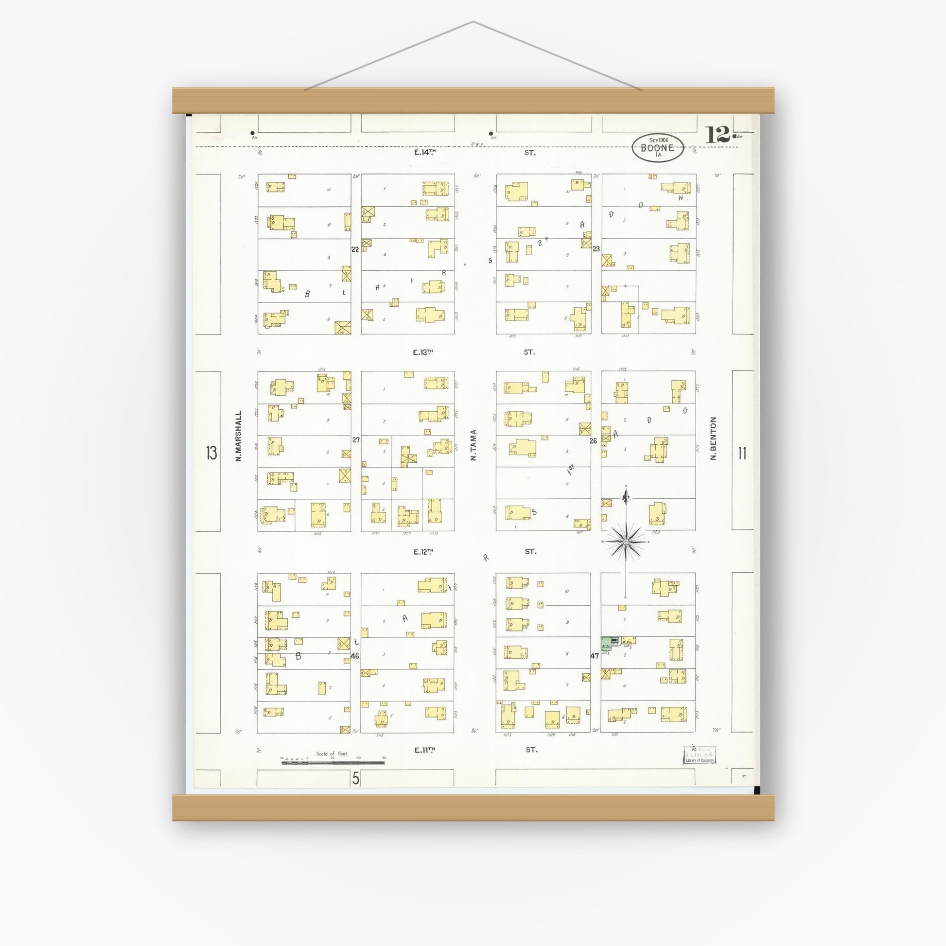 Old map wall art mockup — magnetic wood frame on white wall — Sanborn Fire Insurance Map from Boone, Boone County, Iowa (1900), Sheet #0012